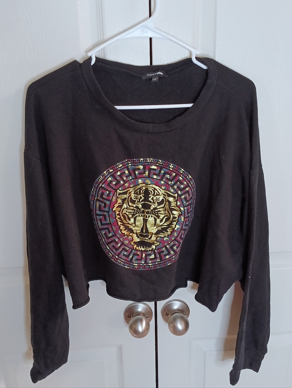 Fashion Nova Black Cropped Sweatshirt with Metallic Gold Tiger Medallion
